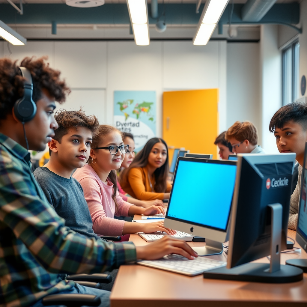Diverse group of young people engaged in digital literacy training at modern computer workstations in a bright, welcoming classroom environment at Riverside Youth Center
