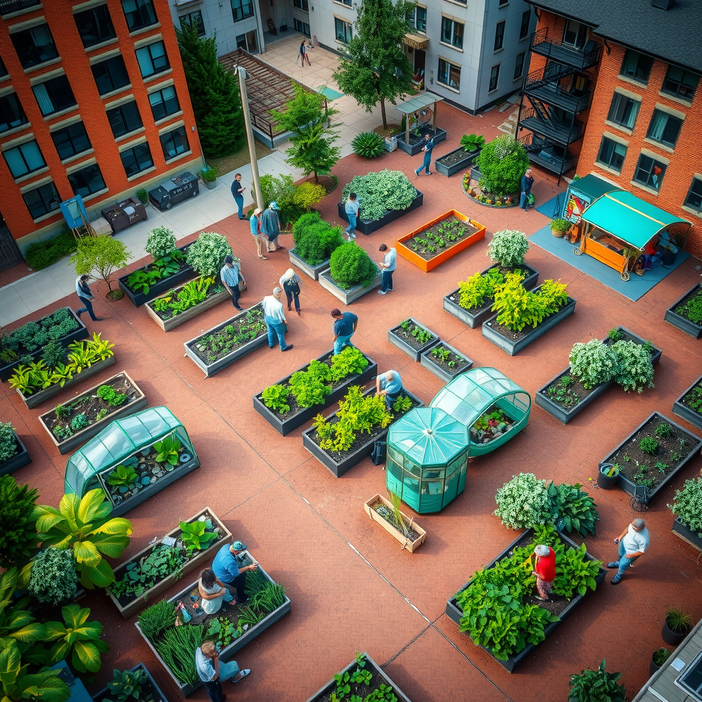 Aerial view of a thriving community garden with raised beds full of vegetables, flowers, and community members working together in the garden space, surrounded by urban buildings