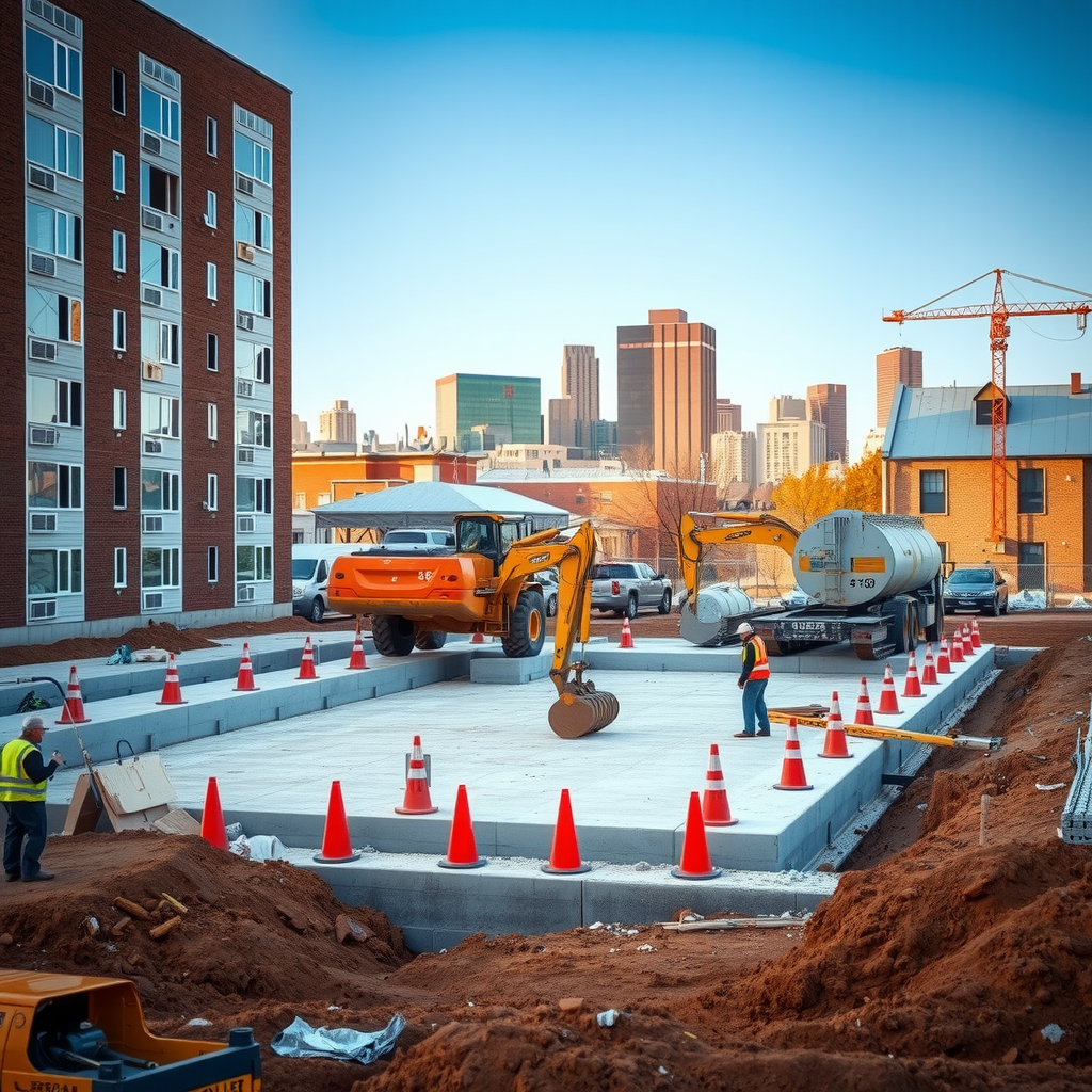 Construction site of the new 48-unit affordable housing complex showing foundation work, construction equipment, and workers beginning the building process with downtown skyline in background