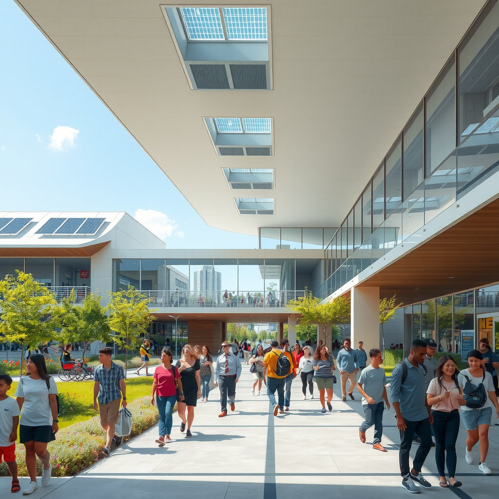 Modern community center with sustainable architecture, featuring solar panels, green spaces, and accessible pathways. People of diverse backgrounds gathering in a welcoming public space with contemporary design elements and natural lighting.