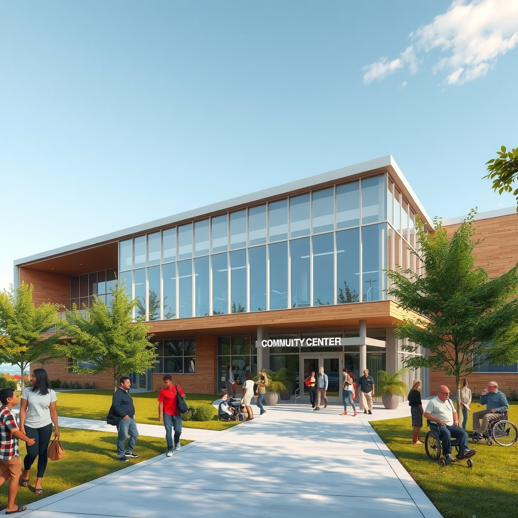 Modern community center building with people gathering outside, featuring sustainable architecture, green spaces, and accessible pathways, representing infrastructure development and community engagement