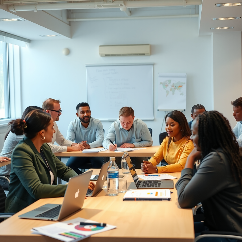 Diverse group of entrepreneurs attending a business planning workshop, with participants engaged in collaborative discussion around tables with laptops and business plans, bright modern community center setting