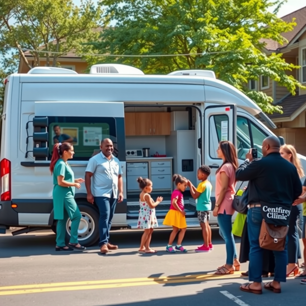 Modern mobile health clinic van parked in a diverse neighborhood with healthcare workers greeting community members, medical equipment visible through open doors, families with children waiting in line, sunny day with trees and residential buildings in background