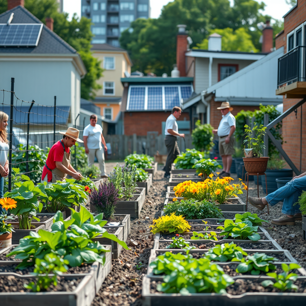 Vibrant community garden in urban neighborhood with diverse group of volunteers planting vegetables, flowers, and herbs in raised beds, surrounded by green infrastructure and solar panels on nearby buildings