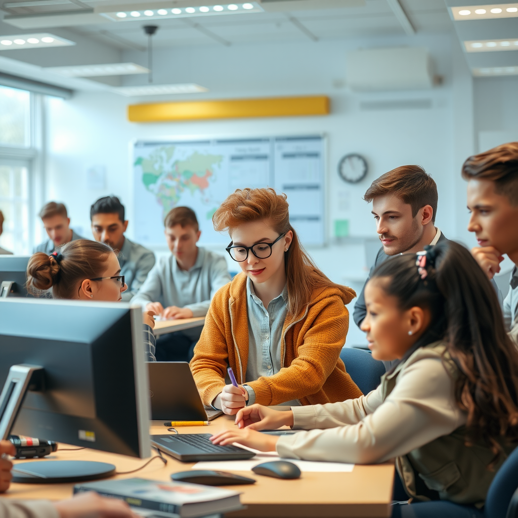 Diverse group of young people engaged in educational activities, including students using computers for digital learning, participating in vocational training workshops, and receiving mentorship from professionals. Bright, inspiring classroom environment with modern technology and collaborative learning spaces.
