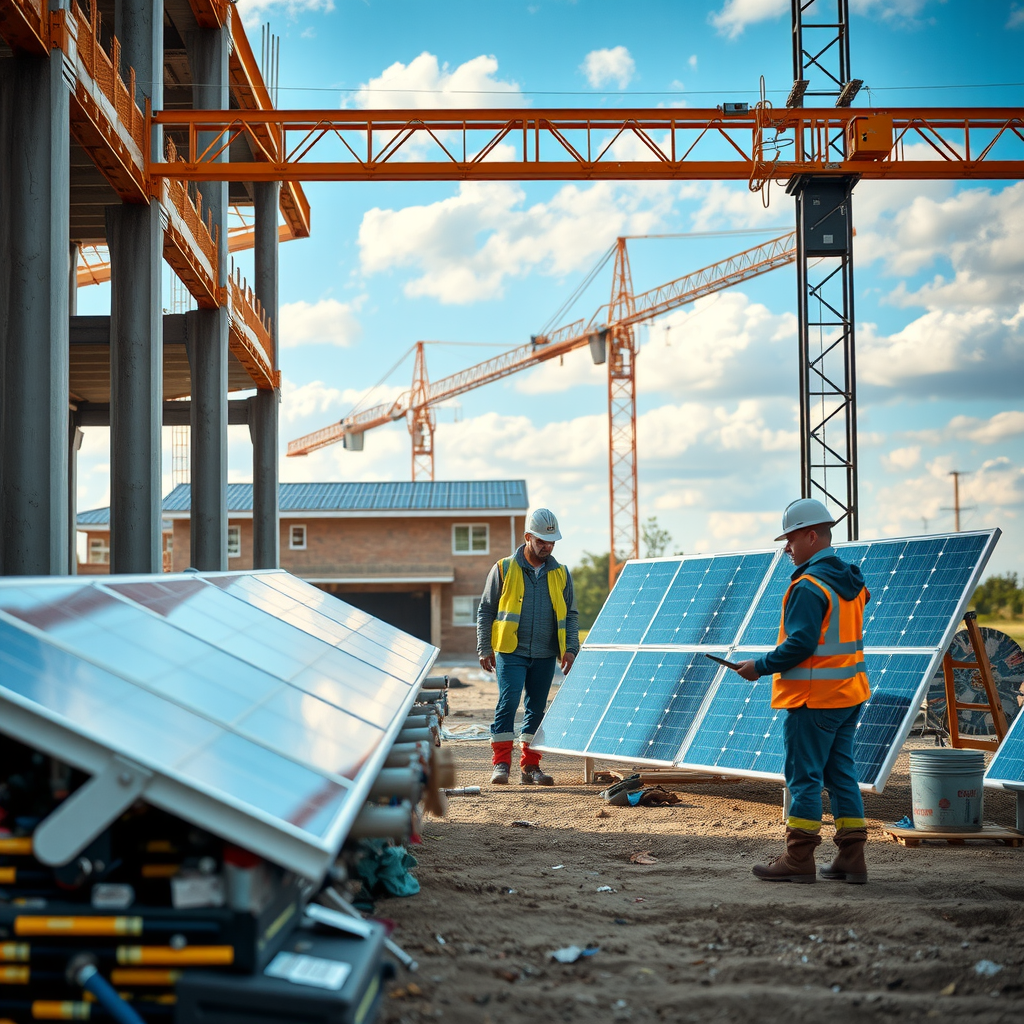 Construction site showing sustainable building practices with solar panels being installed, recycled materials, and workers implementing green construction techniques for community infrastructure