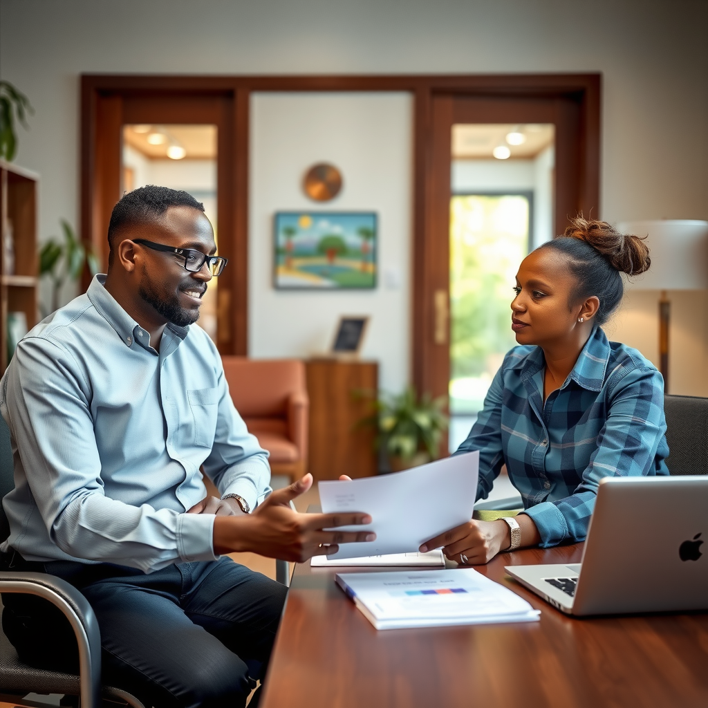 Small business owner meeting with a microfinance advisor in a welcoming office, reviewing loan documents and business plans together, professional yet warm atmosphere