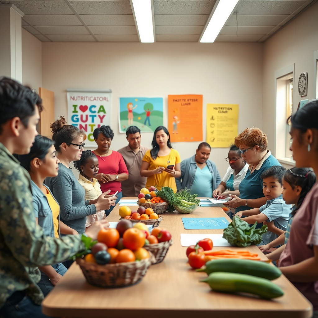 Bright community center room with diverse group of adults and children participating in hands-on nutrition education class, fresh fruits and vegetables displayed on tables, nutritionist demonstrating healthy meal preparation, colorful educational posters on walls, engaged participants taking notes