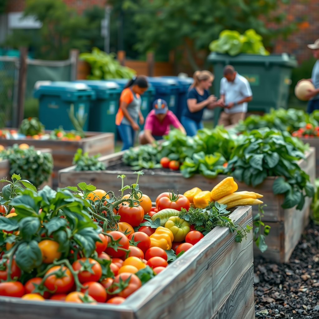 Close-up view of flourishing urban garden with raised wooden beds filled with tomatoes, lettuce, peppers, and herbs, with community members of various ages harvesting fresh produce, composting bins visible in background
