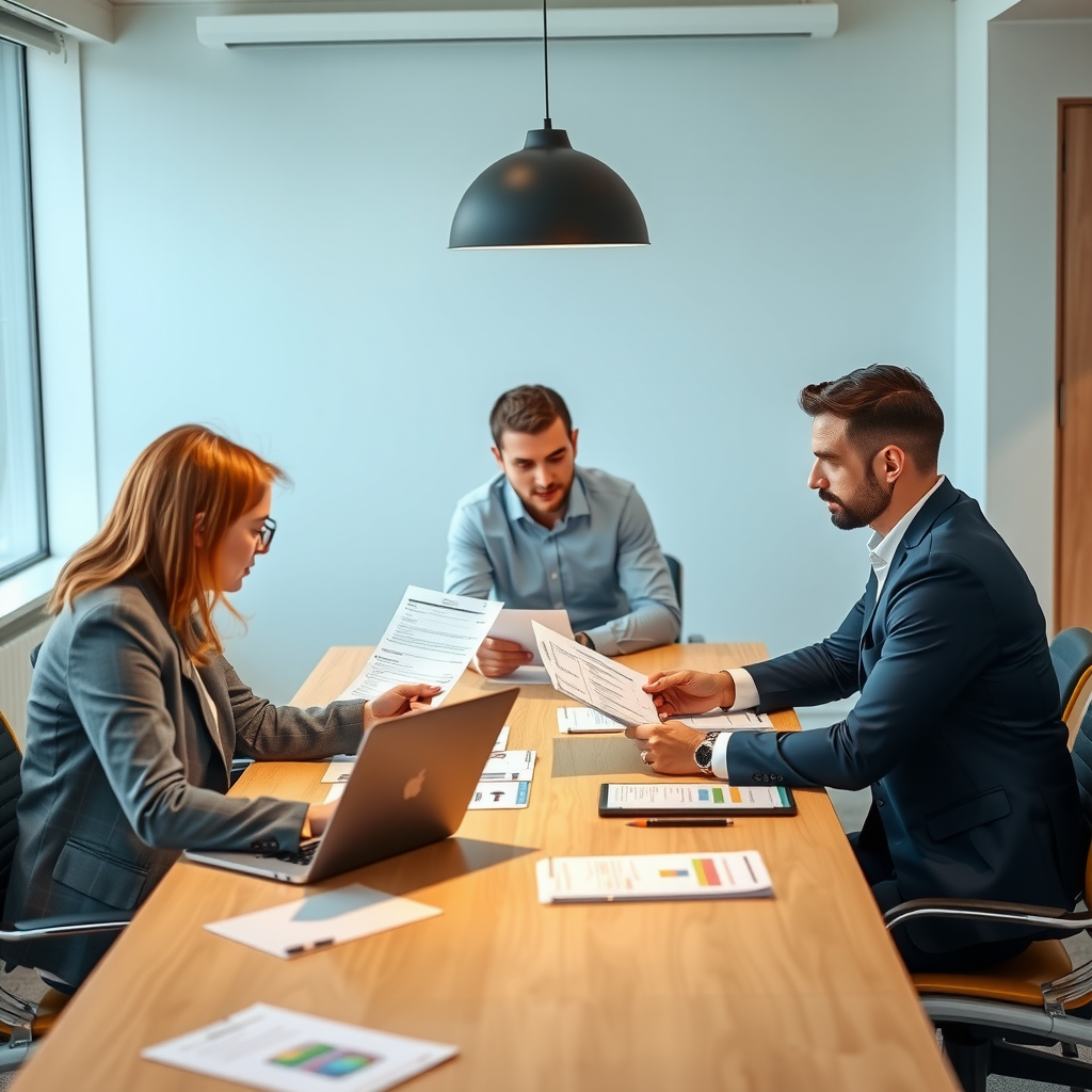 Professional team reviewing grant applications at a modern conference table with documents, laptops, and collaborative discussion in a bright office setting
