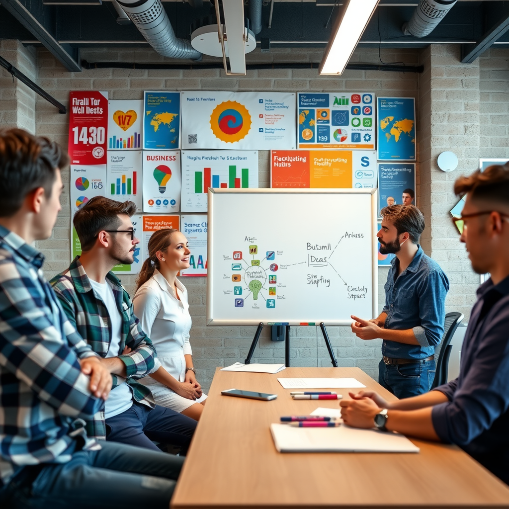 Energetic workshop scene with young entrepreneurs presenting business ideas on whiteboard to engaged peers and mentors in collaborative workspace filled with startup posters and innovation materials