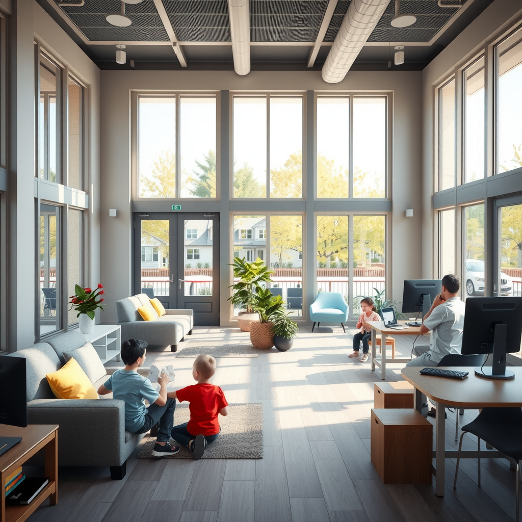 Interior rendering of community room with comfortable seating, large windows, children playing, adults conversing, and modern amenities including computers and reading areas