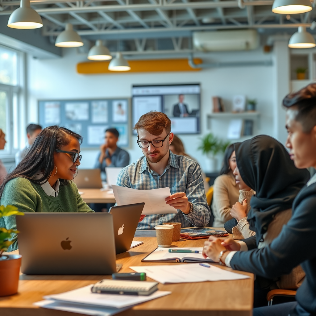 Local entrepreneurs and small business owners in a collaborative workspace, reviewing business plans, attending workshops, and receiving guidance from mentors. Scene includes diverse business owners working on laptops, participating in networking events, and accessing microfinance resources in a supportive community setting.