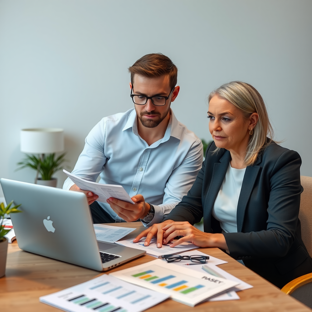 One-on-one financial coaching session between advisor and entrepreneur, reviewing financial statements and budgets on a laptop, supportive and educational environment