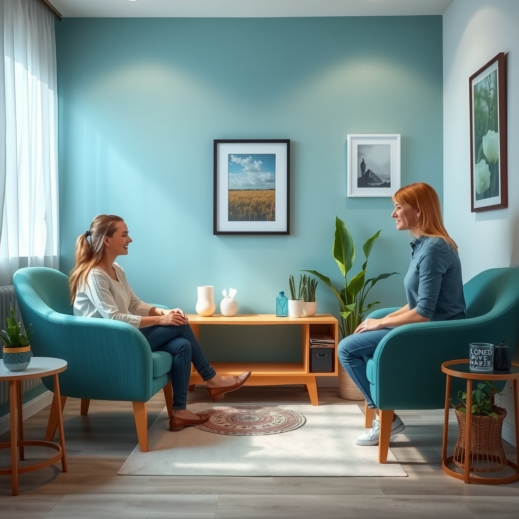 Comfortable, welcoming counseling office with soft lighting, licensed therapist and client in supportive conversation, calming blue and green color scheme, plants and artwork creating peaceful atmosphere, tissues and water available, professional yet warm environment