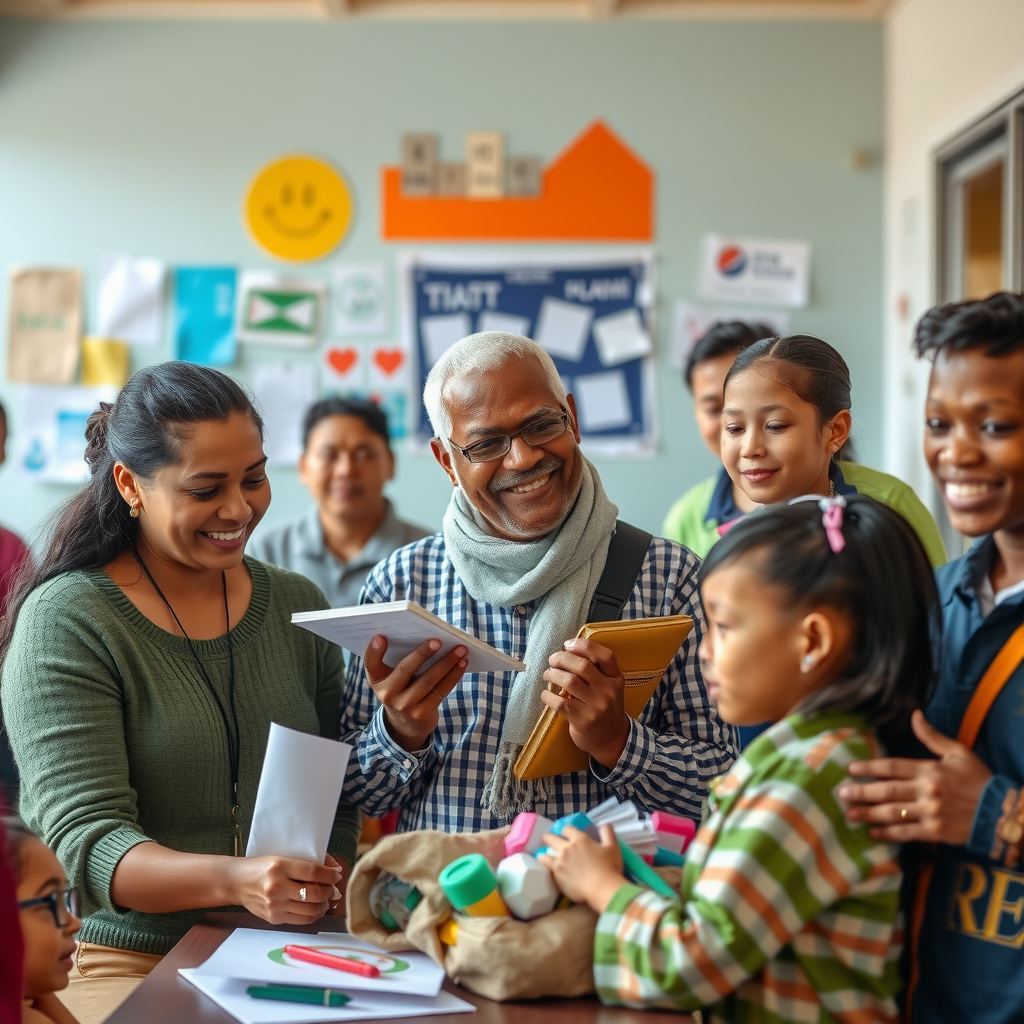Diverse community members benefiting from charity programs, showing families receiving assistance, students with educational materials, and community development projects in progress