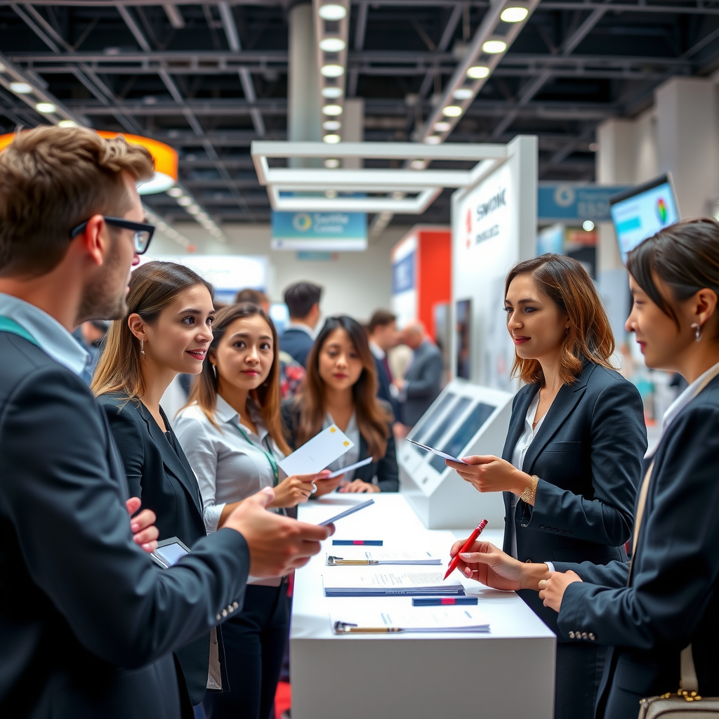 Professional career fair scene with young job seekers in business attire confidently engaging with employer representatives at modern booth displays, exchanging resumes and business cards