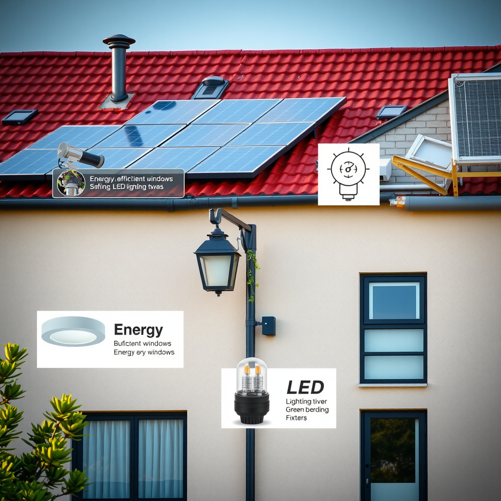 Detailed view of building exterior showing solar panels on roof, energy-efficient windows, LED lighting fixtures, and green building materials with technical annotations