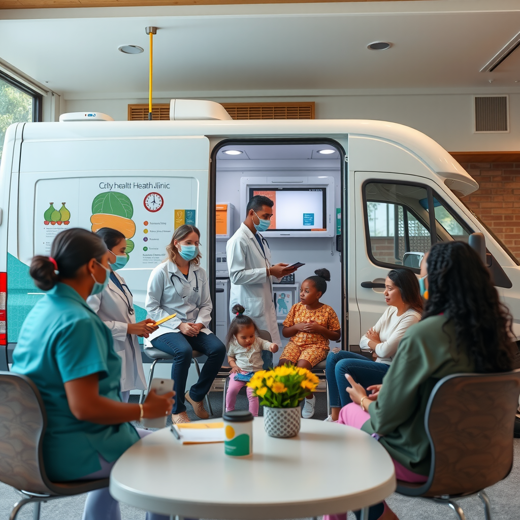 Community health clinic with healthcare professionals providing services to diverse families. Mobile health unit parked outside, people receiving health screenings, nutrition counseling sessions, and mental health support. Warm, welcoming healthcare environment with emphasis on preventive care and holistic wellness.