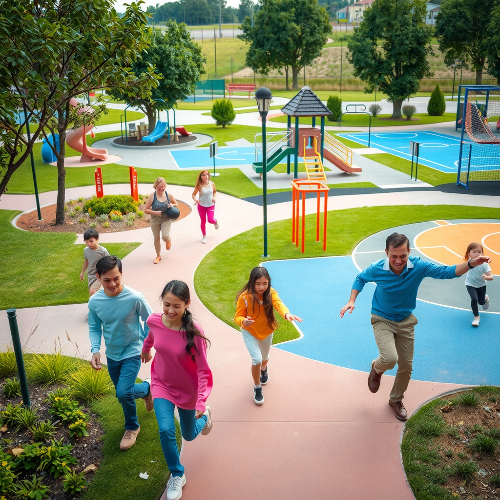 Outdoor recreational facility with playground equipment, sports courts, walking paths, and green spaces where families and children are actively playing and exercising together