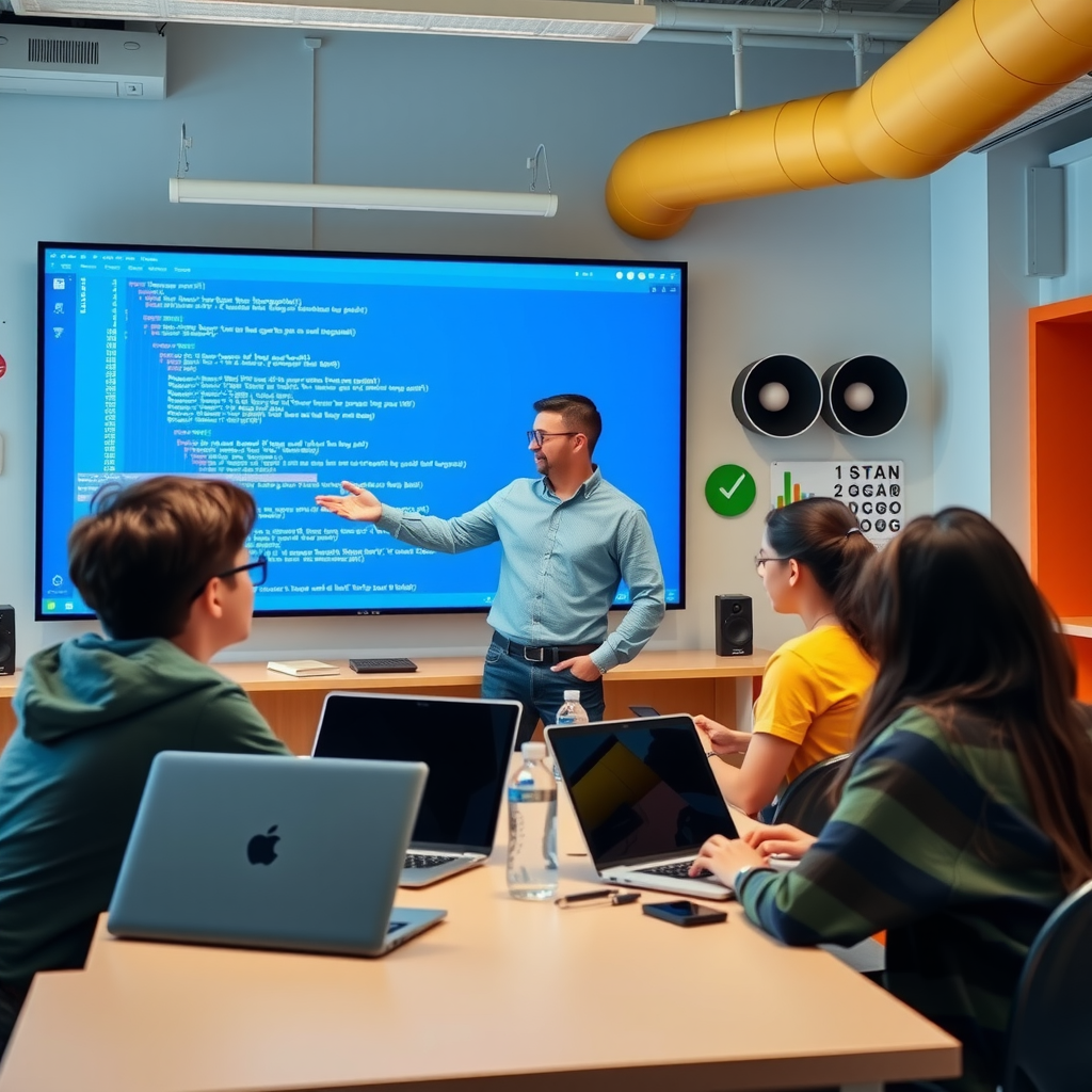 Instructor demonstrating coding concepts on large screen to engaged group of teenagers with laptops in modern computer lab with colorful, tech-focused decor and collaborative workspace setup