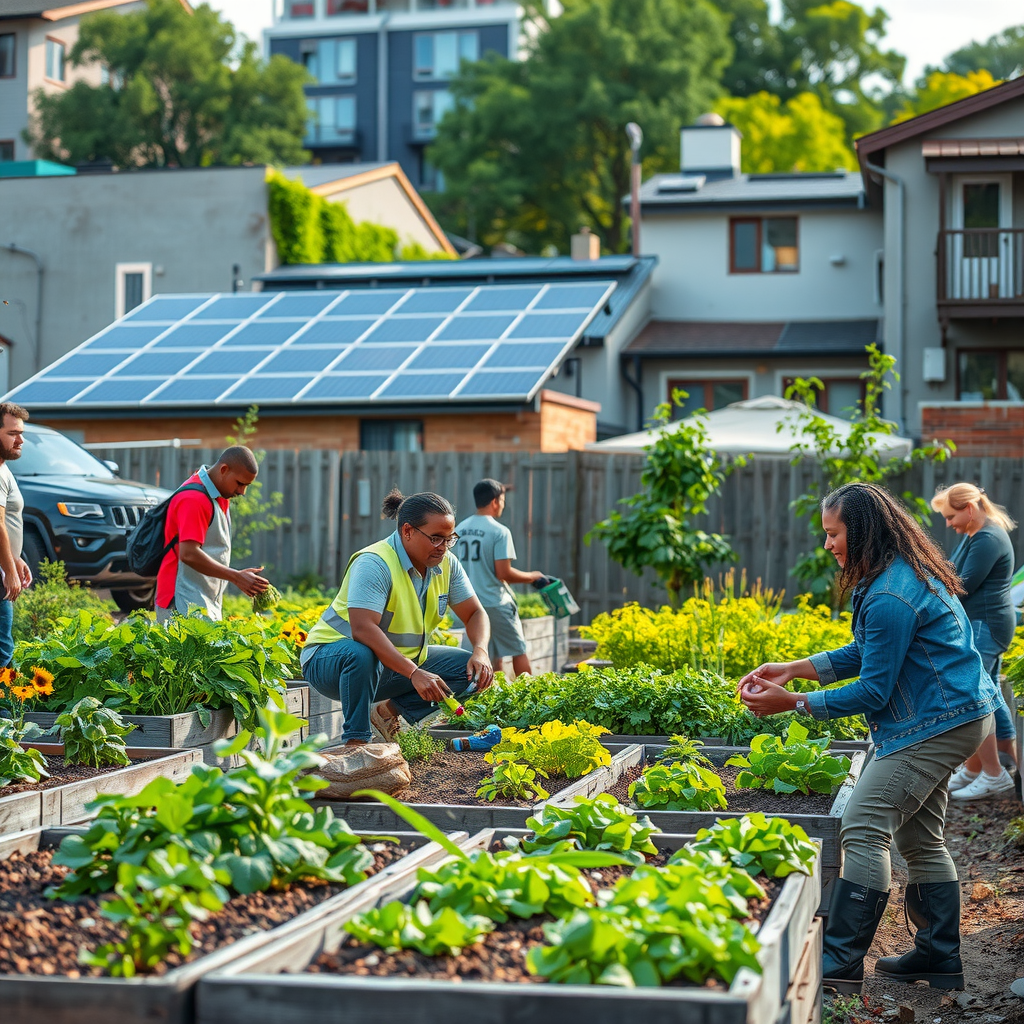 Community members working together in urban garden with raised beds full of vegetables, solar panels on nearby buildings, people participating in recycling education, and families enjoying newly created green park spaces. Vibrant scene showing sustainable practices, renewable energy installations, and environmental stewardship in action.