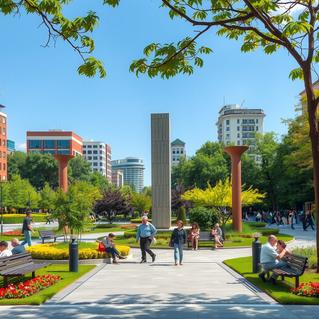 Beautiful public park with landscaped gardens, seating areas, public art installations, and people of all ages enjoying the outdoor space together in a peaceful urban setting