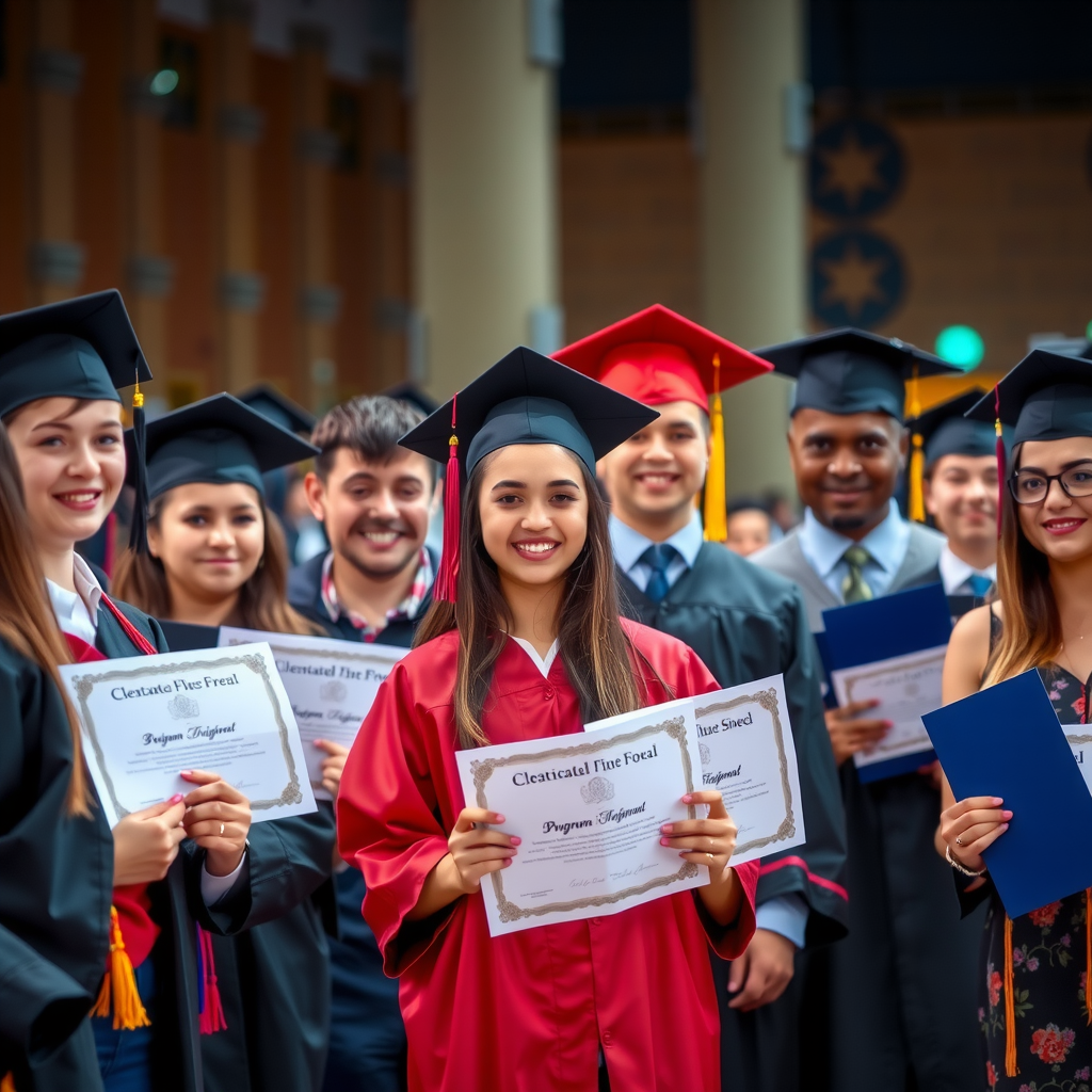 Inspiring graduation ceremony scene with young program graduates in caps and gowns celebrating achievement, holding certificates and diplomas, surrounded by proud family members and program staff