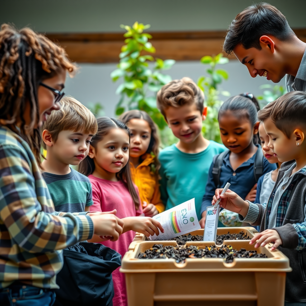 Group of diverse children and teenagers learning about composting and sustainable gardening practices from an adult instructor, with compost bins and educational materials visible