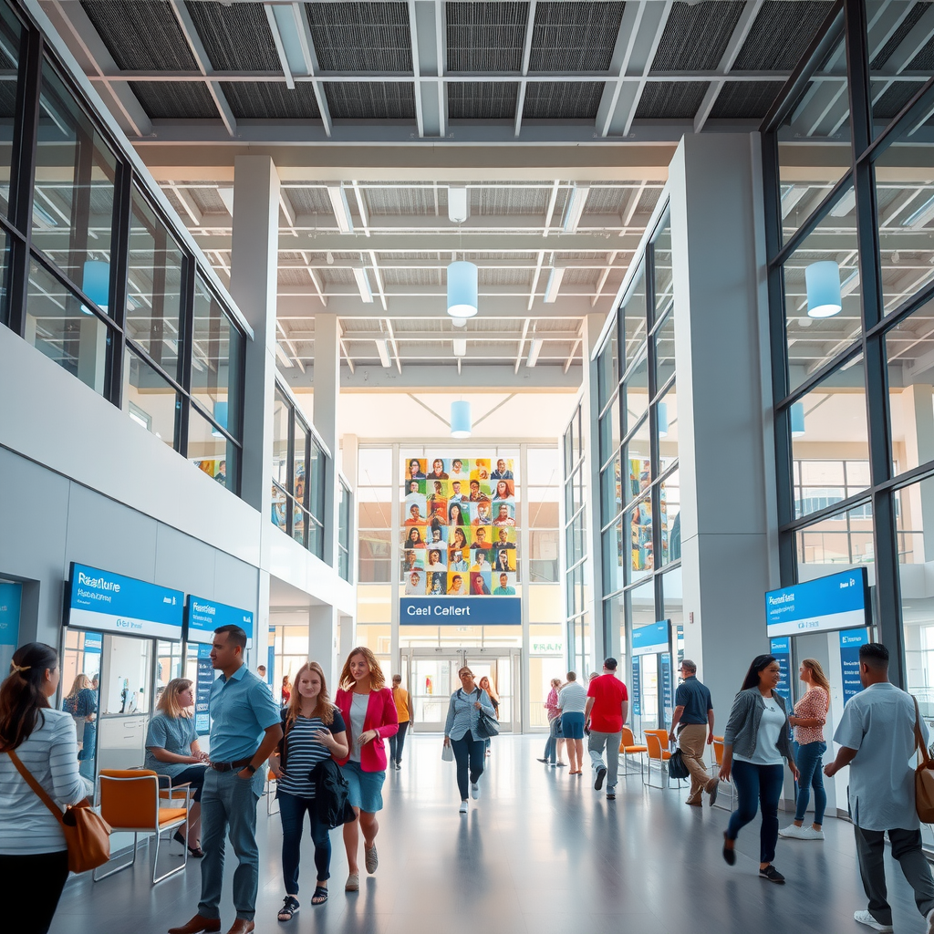 Modern facility providing essential community services with people accessing healthcare, education, and social services in a welcoming, well-designed building with clear wayfinding