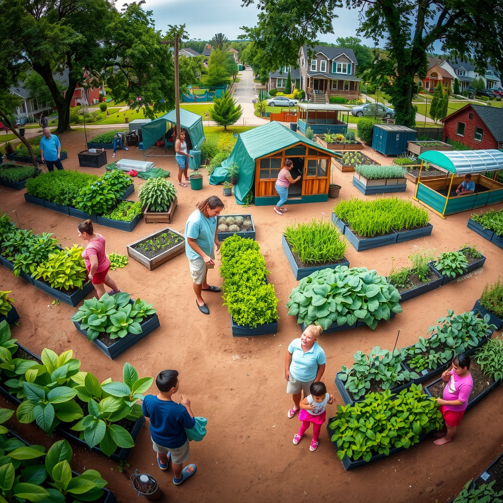 Panoramic view of all five community gardens thriving with lush vegetation, community members working and socializing, children playing, and the surrounding neighborhood visible in the background showing signs of revitalization