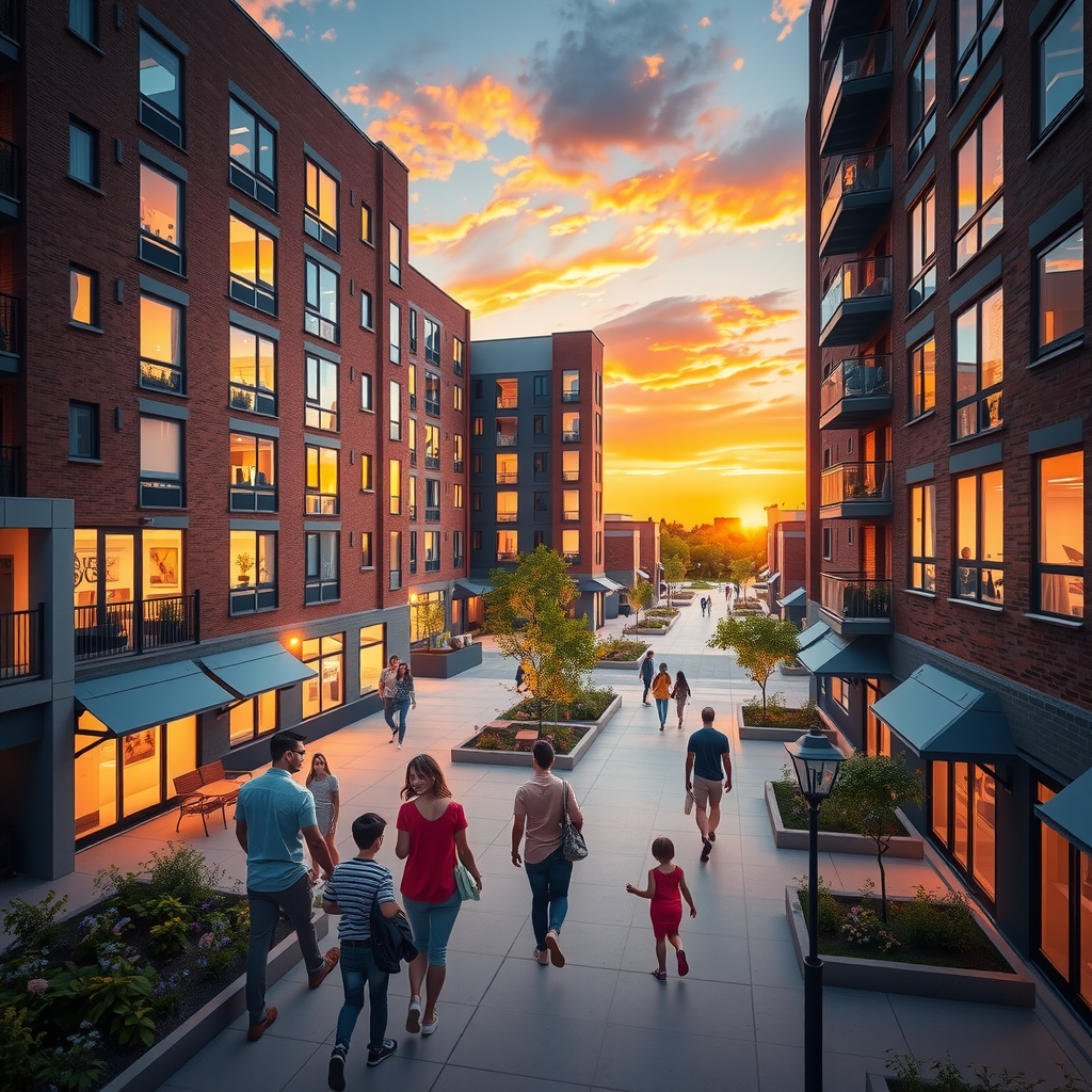 Artistic rendering of completed building at sunset with families walking on sidewalks, children playing in courtyard, lights glowing from windows, and vibrant community life visible throughout the scene