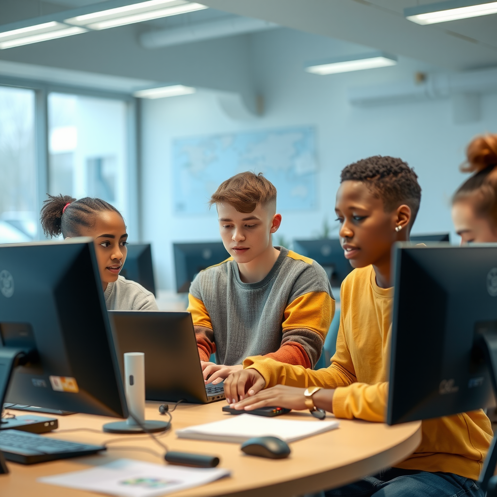 Young people participating in vocational training at the Riverside Youth Center, learning digital skills and entrepreneurship in a modern classroom setting with computers and mentors guiding them