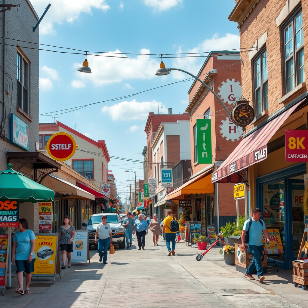 Vibrant community street with multiple small businesses, people shopping and socializing, diverse storefronts and bustling activity, sense of prosperity and community connection